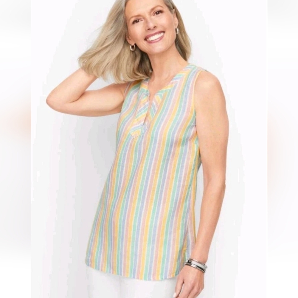 Talbots 100% Linen Stripes Trapunto Shell Split Neck Sleeveless Top Tunic Sz L.